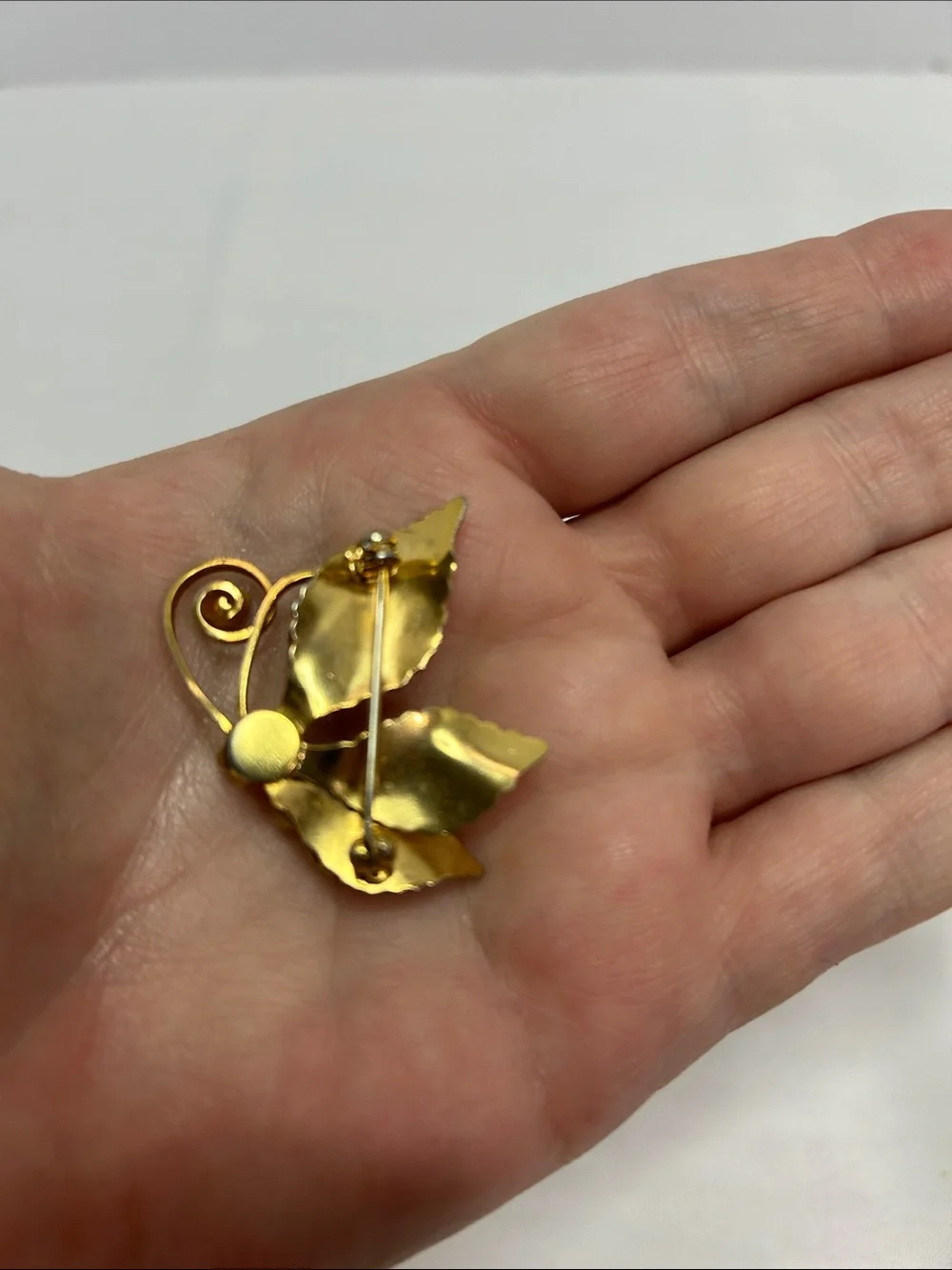 Gold-Tone Leaf Brooch with Turquoise Stones and Pearl Beads